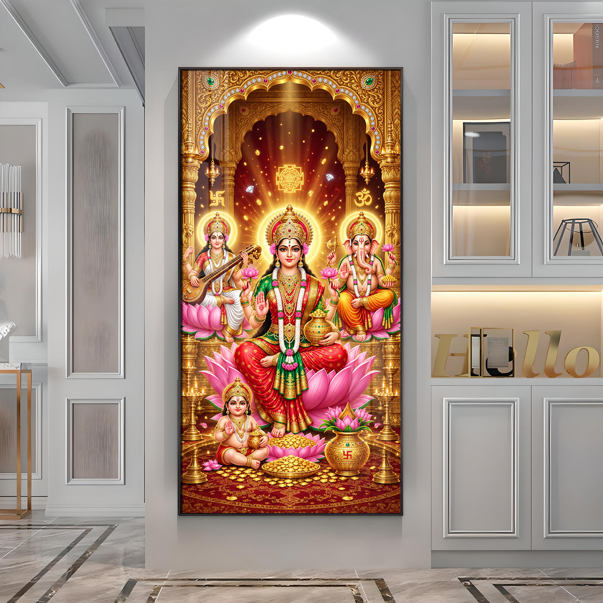 Maa Laxmi, Saraswati and Ganesh Ji Premium Acrylic Vertical Wall Art