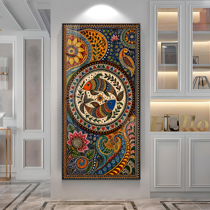 Traditional Folk Art Dual Fish & Floral Mandala Premium Acrylic Vertical Wall Art