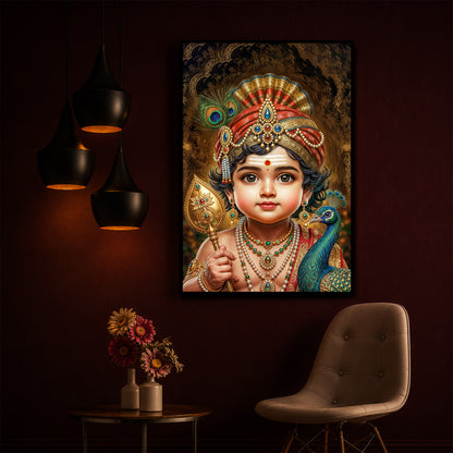 Little Murugan With Peacock Modern Luxury Backlight Vertical Wall Art