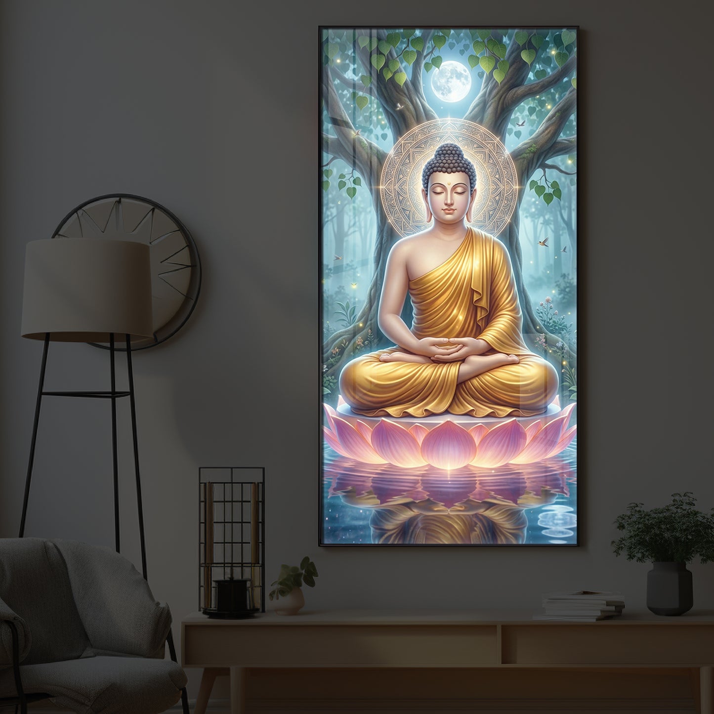 Meditation Buddha Modern Luxury Backlight Vertical Wall Art
