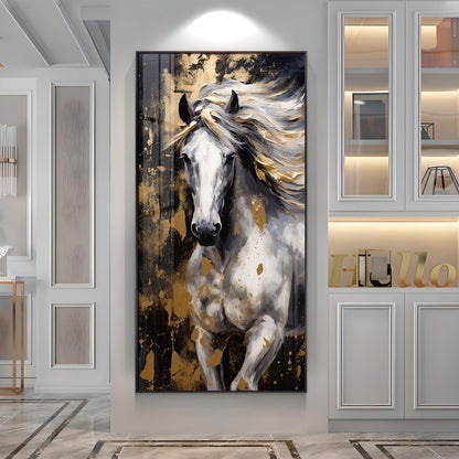 White Horse with Golden Gleam Premium Acrylic Vertical Wall Art