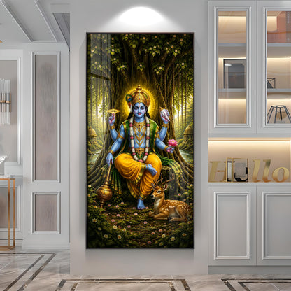 Divine Lord Vishnu In Forest Premium Acrylic Vertical Wall Art