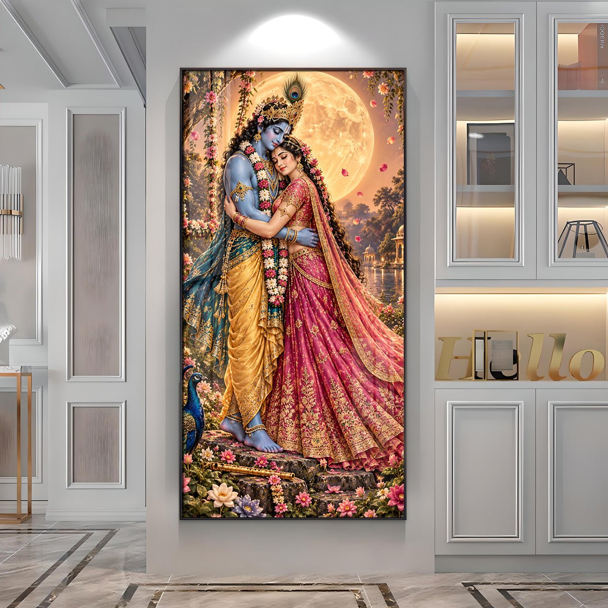 Shri Krishna and Radha in Night Glow Premium Acrylic Vertical Wall Art