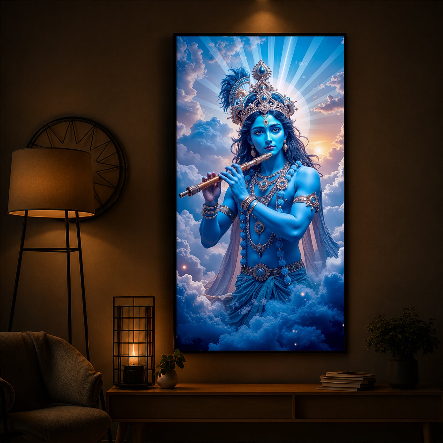 Lord Shri Krishna Modern Luxury Backlight Vertical Wall Art