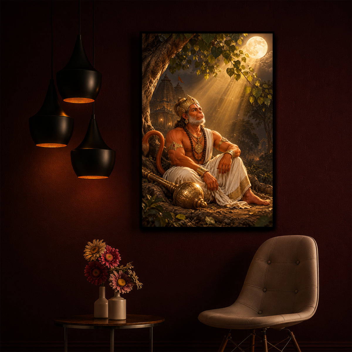 Hanuman Ji Under Tree Modern Luxury Backlight Vertical Wall Art
