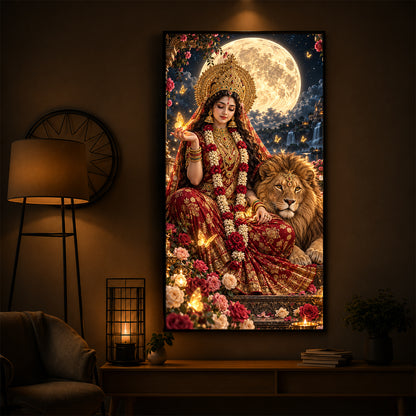 Maa Durga Moonlit Modern Luxury Backlight Vertical Wall Art