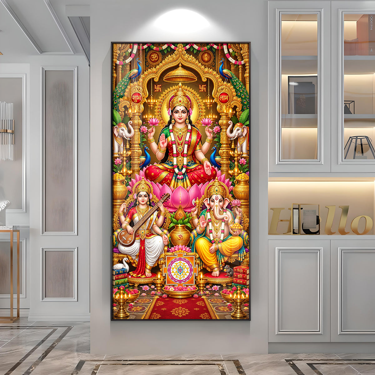 Maa Laxmi, Ganesh Ji & Saraswati Premium Acrylic Vertical Wall Art