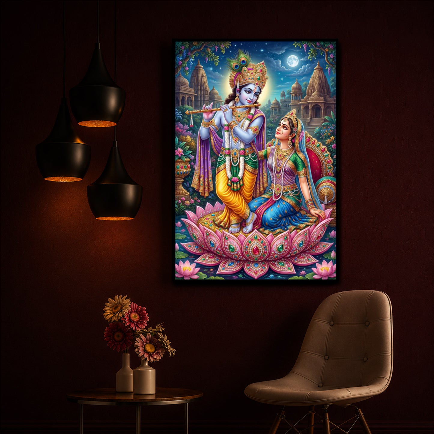 Goddess Radha and God Krishna Modern Luxury Backlight Vertical Wall Art