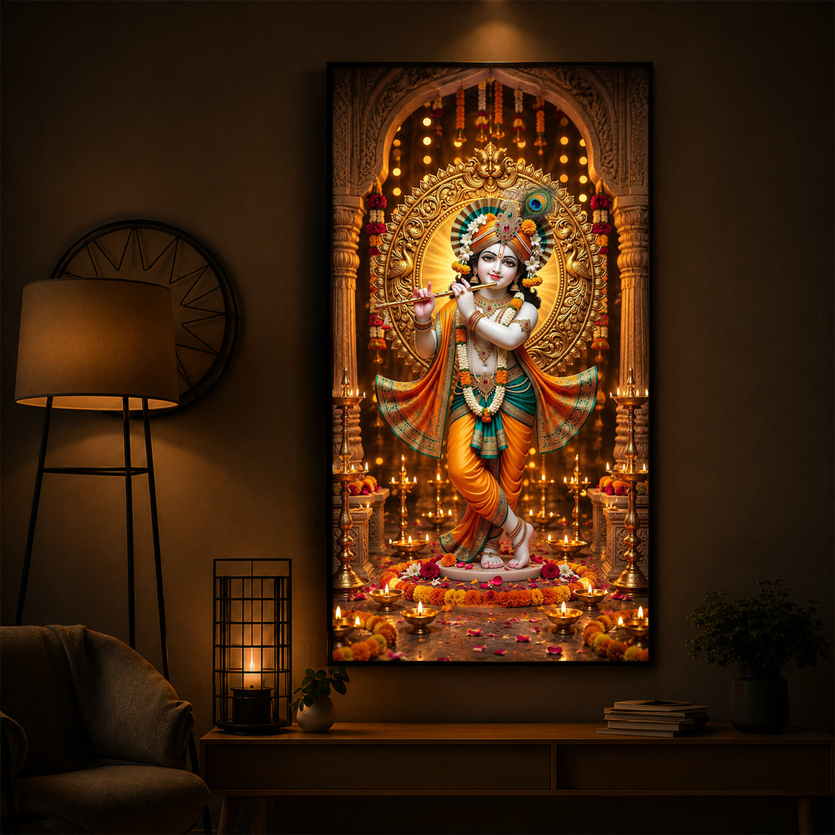 Lord Krishna Playing Flute In Standing Pose Modern Luxury Backlight Vertical Wall Art