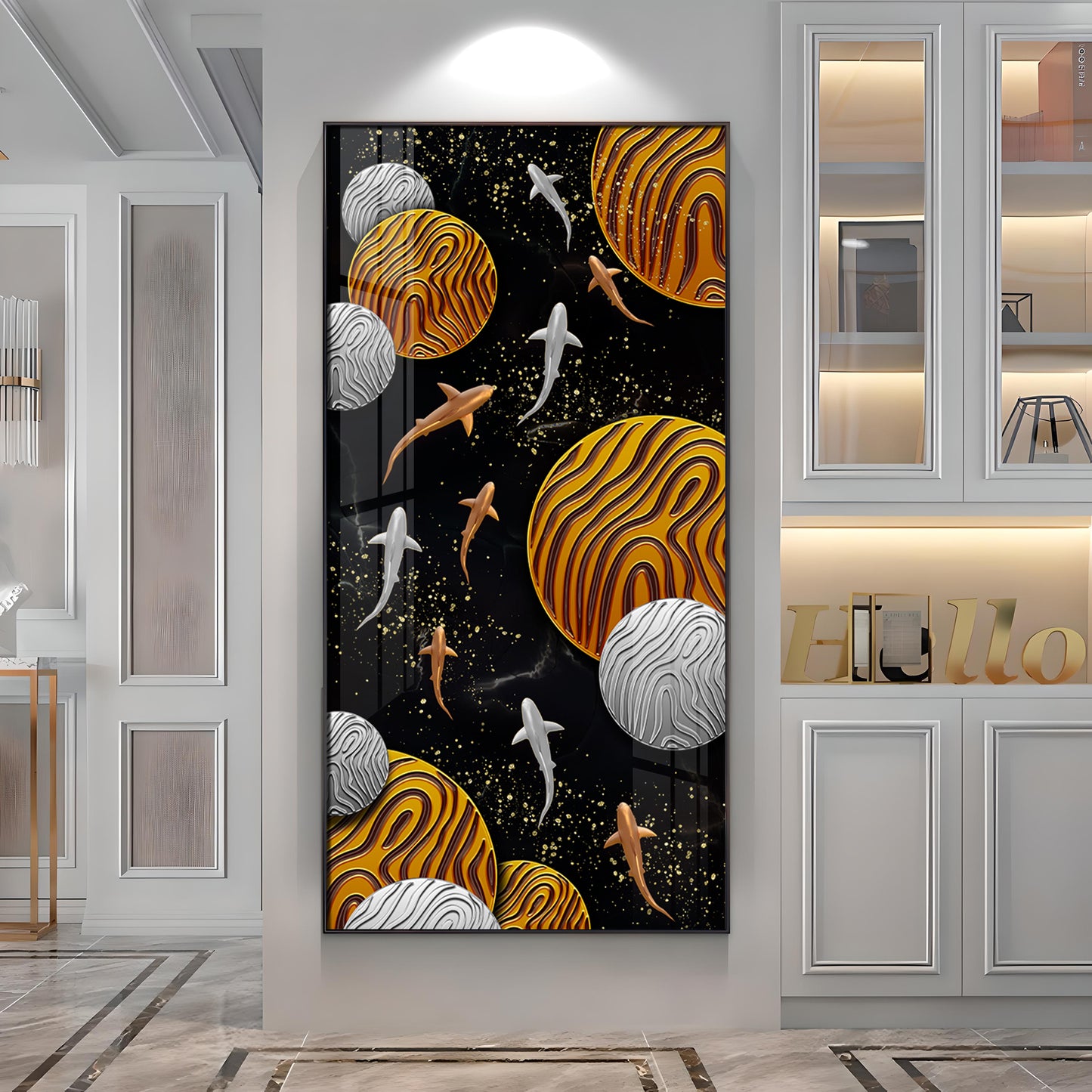 Circular Shapes With Fish Premium Acrylic Vertical Wall Art