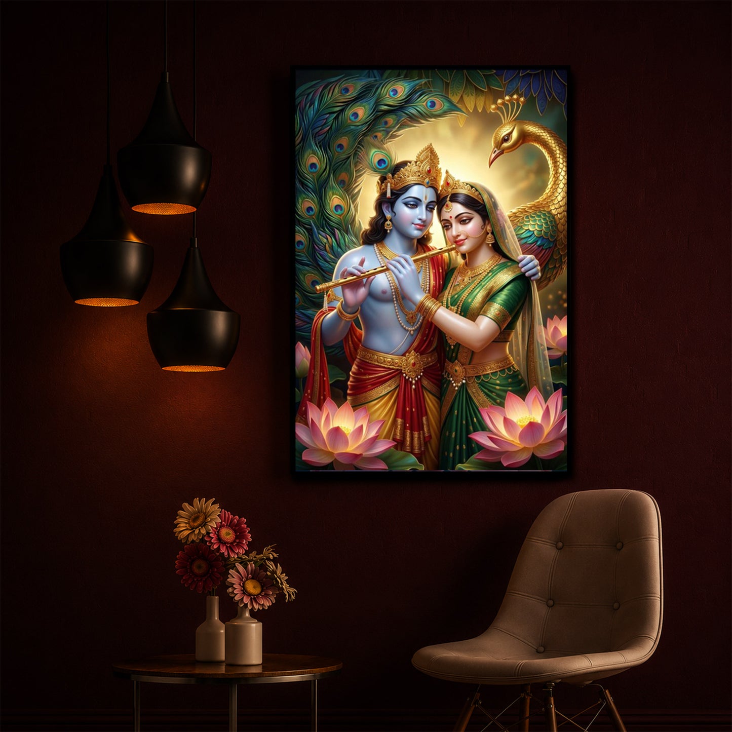 Depiction Of Radha Krishna Modern Luxury Backlight Vertical Wall Art