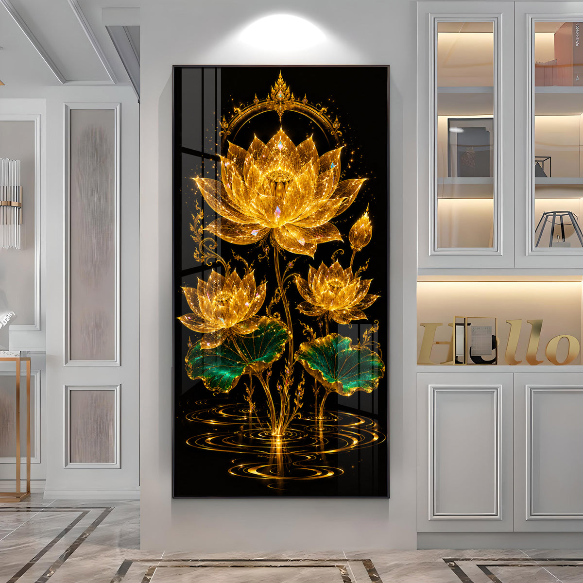 Sacred Golden Lotus Bloom Premium Acrylic Vertical Wall Art