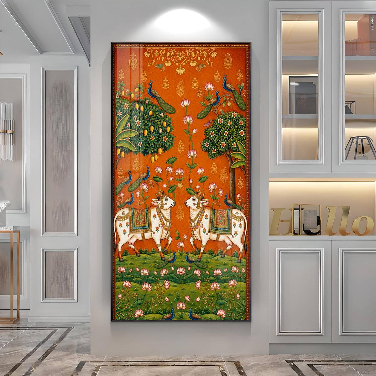 Traditional Pichwai Sacred Cows & Peacocks Premium Acrylic Vertical Wall Art