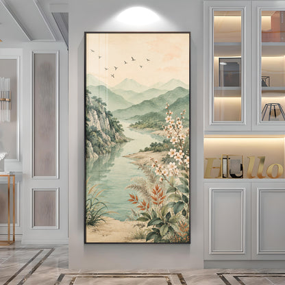 Serene Mountain Lake & Blossom Premium Acrylic Vertical Wall Art
