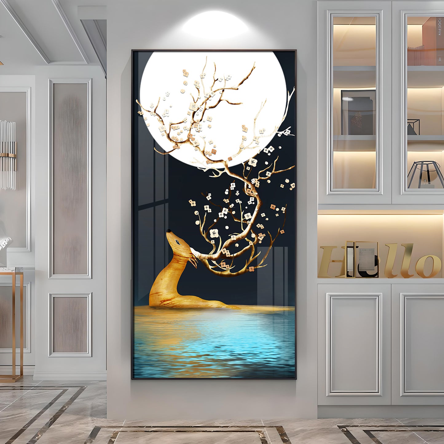 Golden Deer With Full Moon Premium Acrylic Vertical Wall Art