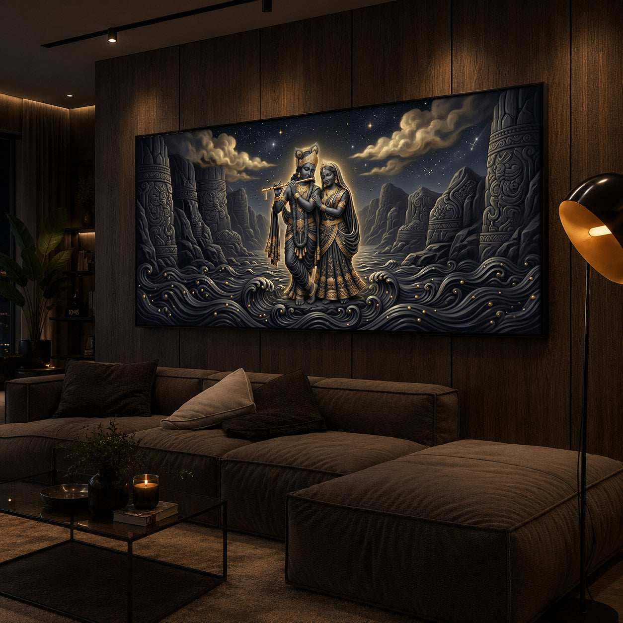 Depiction Of Radha Krishna Modern Luxury Backlight Horizontal Wall Art