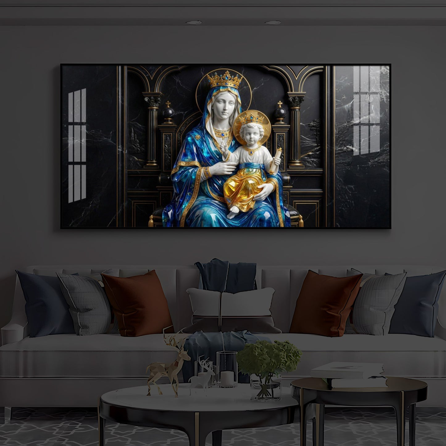 Mother Mary Holding Baby Jesus Modern Luxury Backlight Horizontal Wall Art