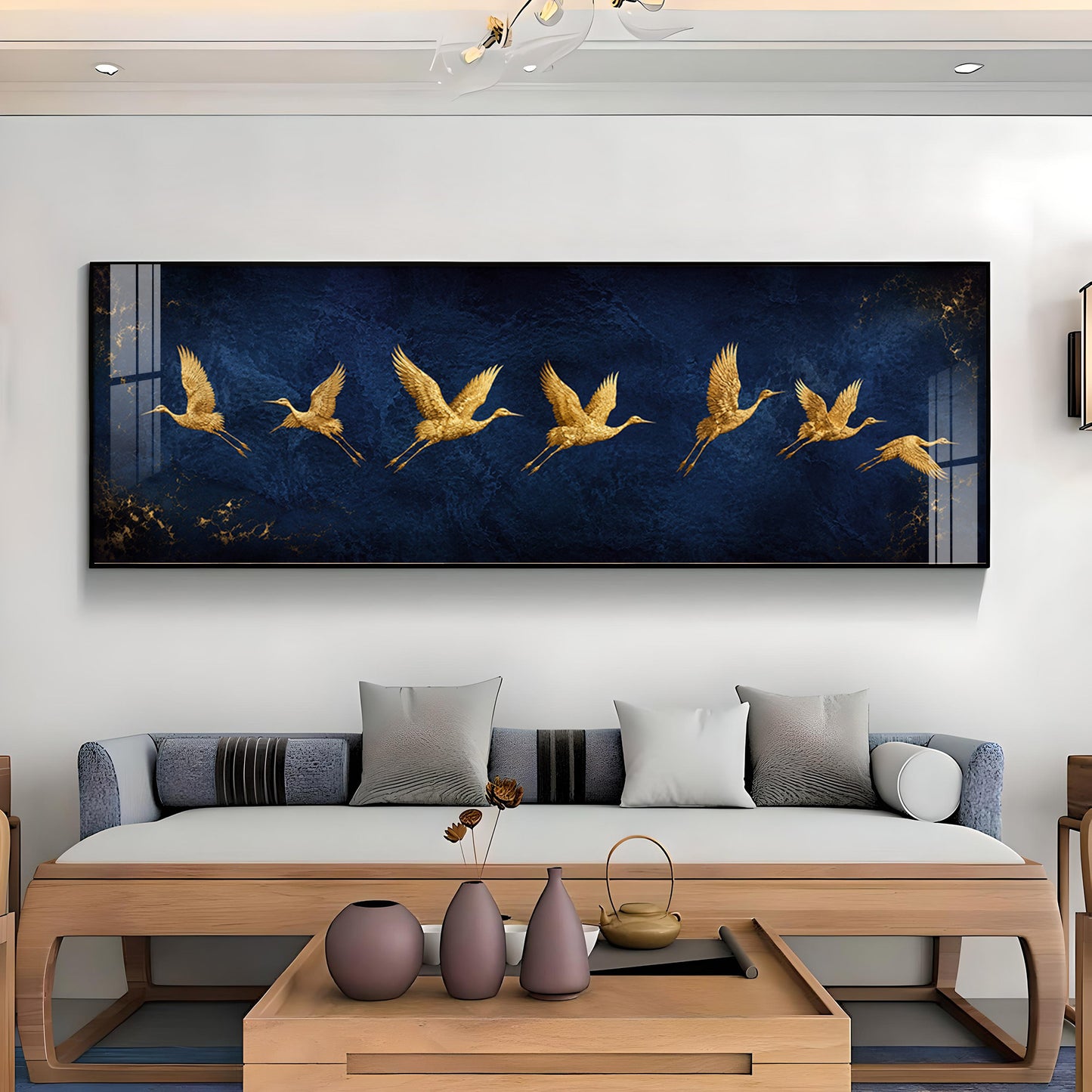 Golden Flying Cranes Dark Blue Premium Acrylic Horizontal Wall Art