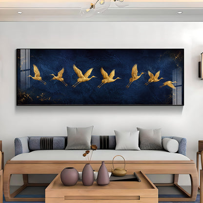 Golden Flying Cranes Dark Blue Premium Acrylic Horizontal Wall Art