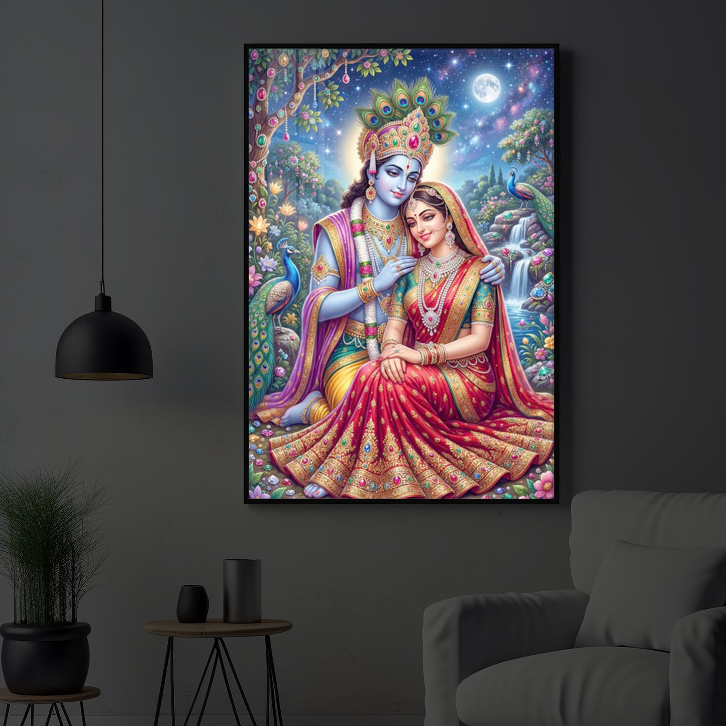 Divine Radha Krishna Serenity Modern Luxury Backlight Vertical Wall Art