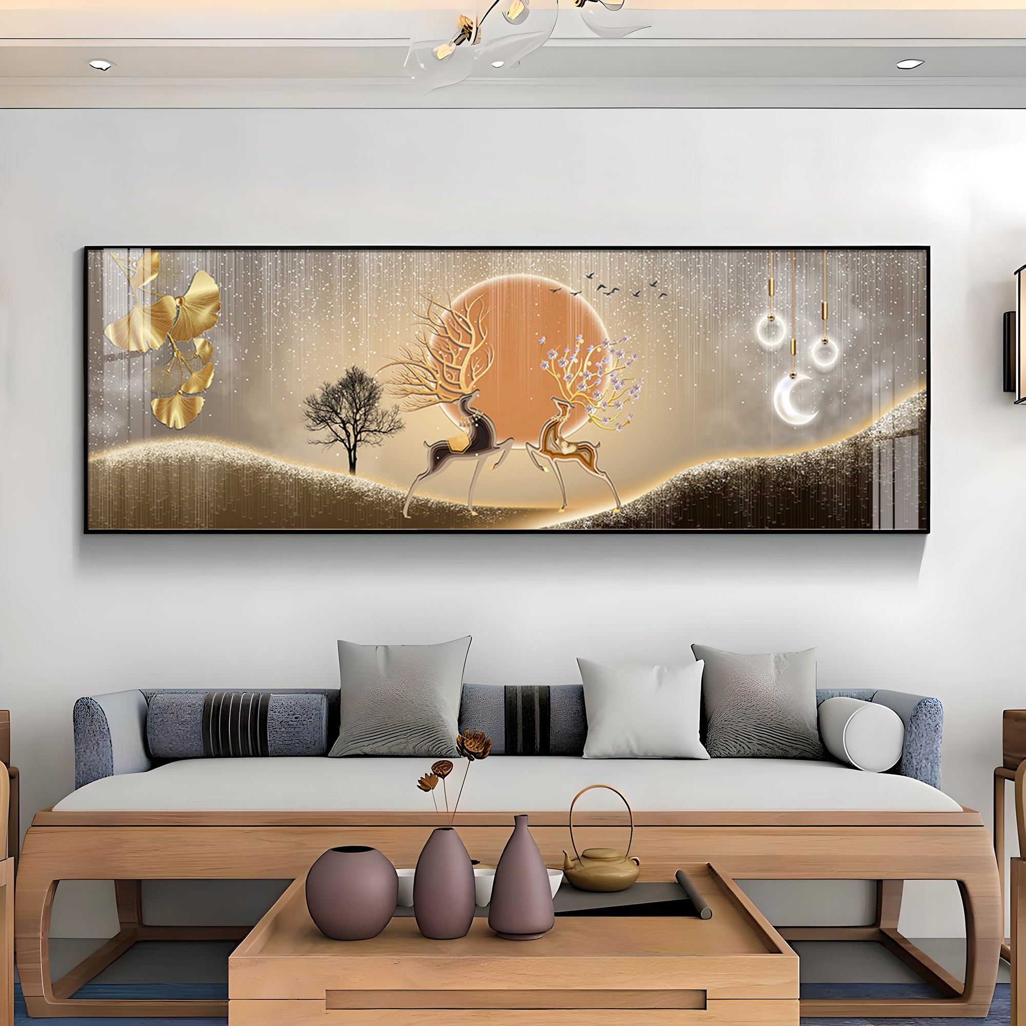 Pair Of Gold & Black Deer Premium Acrylic Horizontal Wall Art