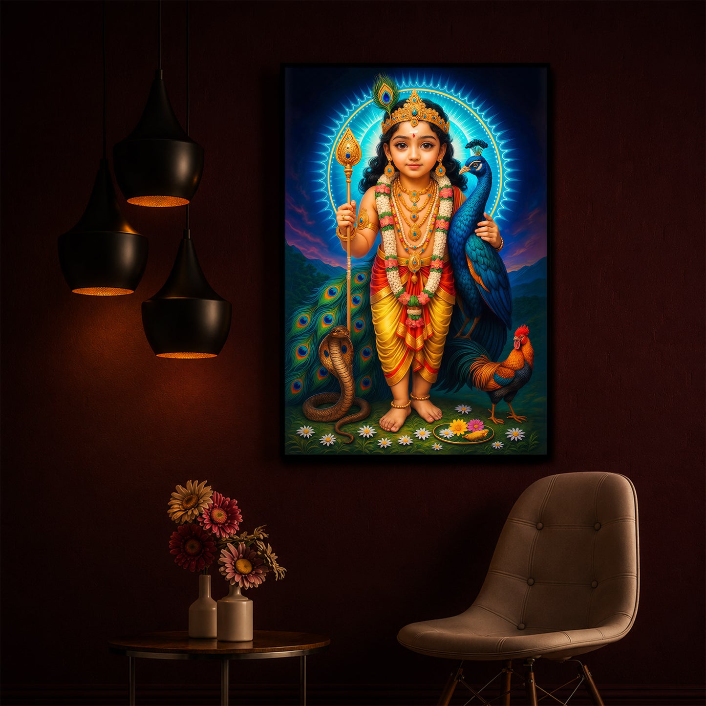 Lord Murugan Ji Modern Luxury Backlight Vertical Wall Art