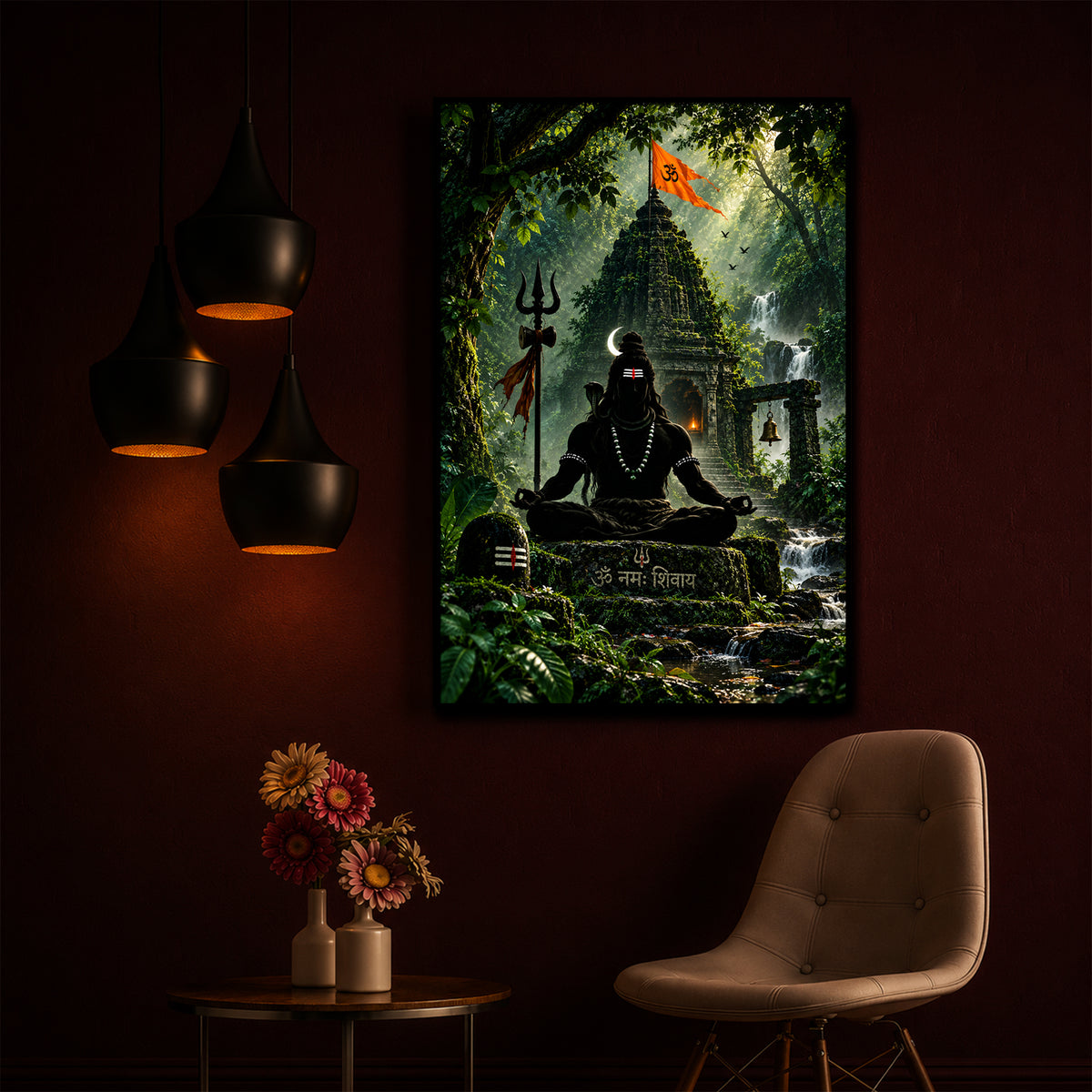 Lord Shiva Meditating In Forest Modern Luxury Backlight Vertical Wall Art