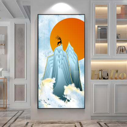 Black Deer On Mountains Premium Acrylic Vertical Wall Art