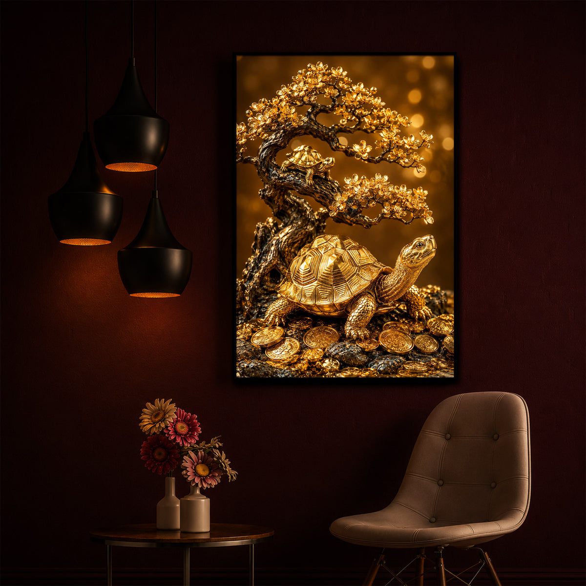 Golden Wealth Turtle Modern Luxury Backlight Vertical Wall Art