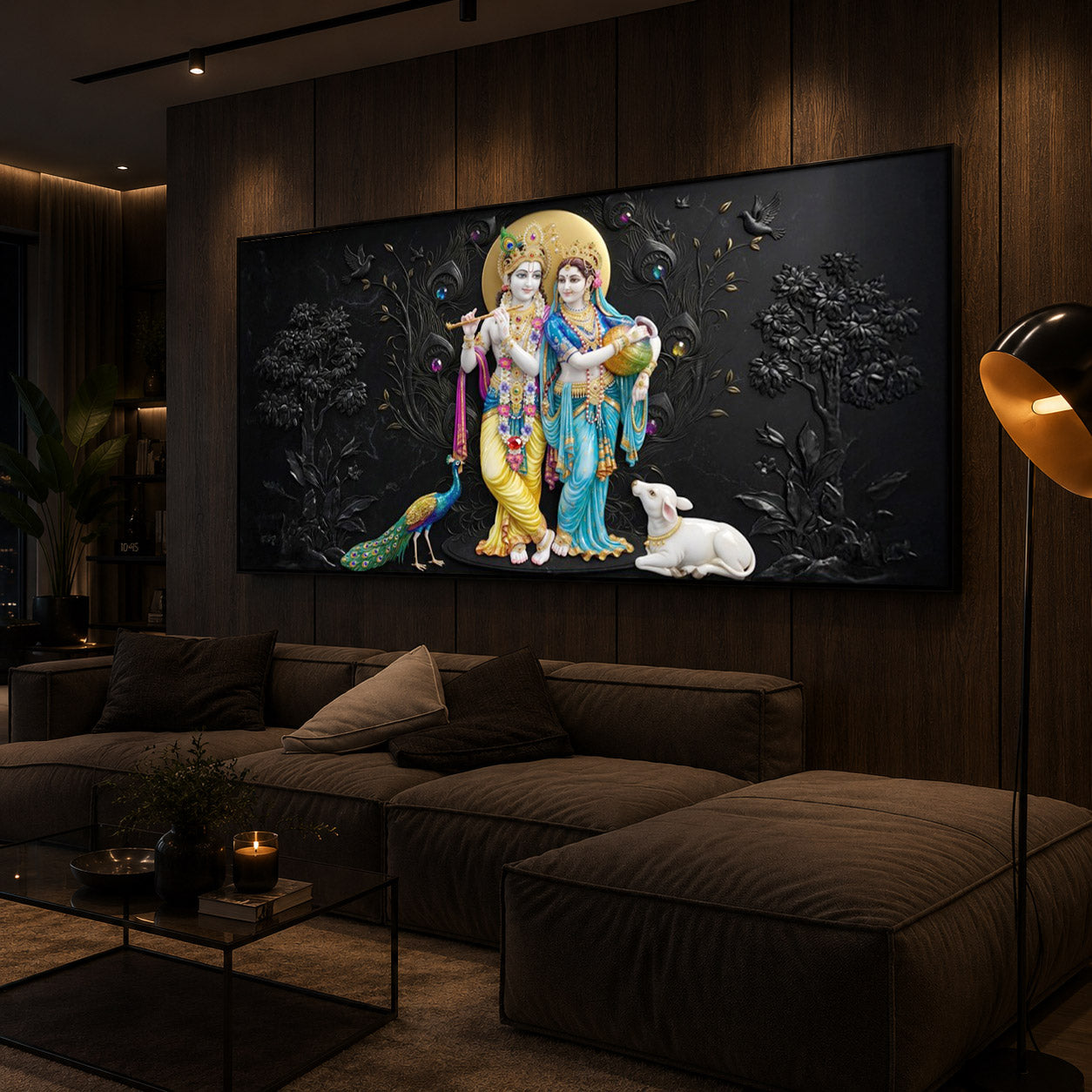 Depicting Radha Krishna Modern Luxury Backlight Horizontal Wall Art