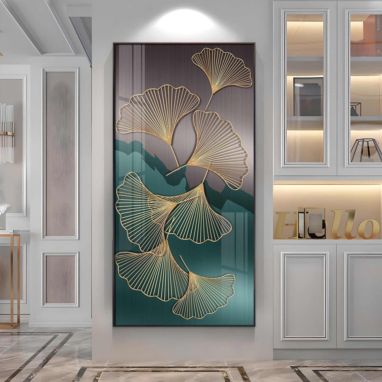 Golden Ginkgo Leaves With Dark green Premium Acrylic Vertical Wall Art