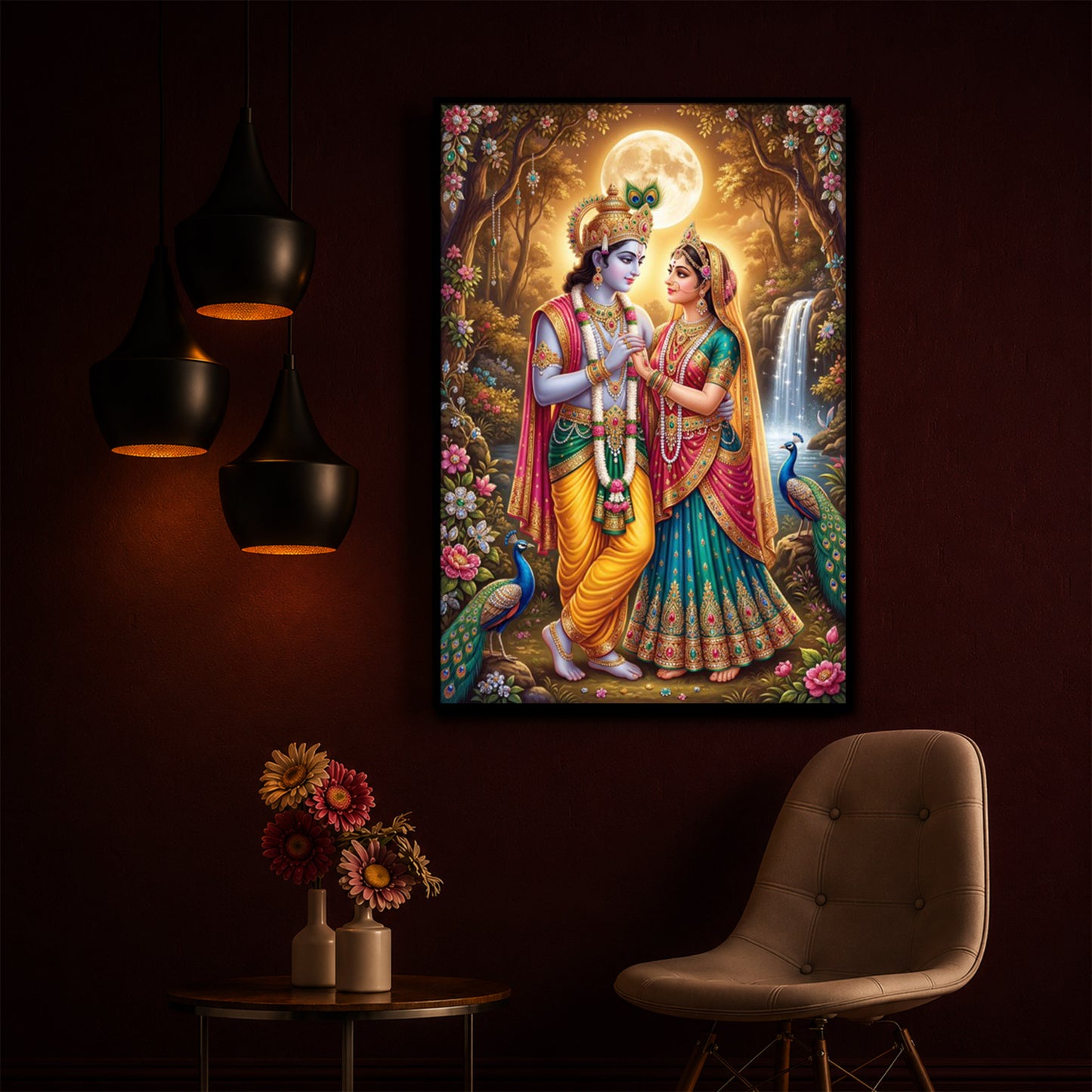 Radha Krishna in Vrindavan Garden Modern Luxury Backlight Vertical Wall Art