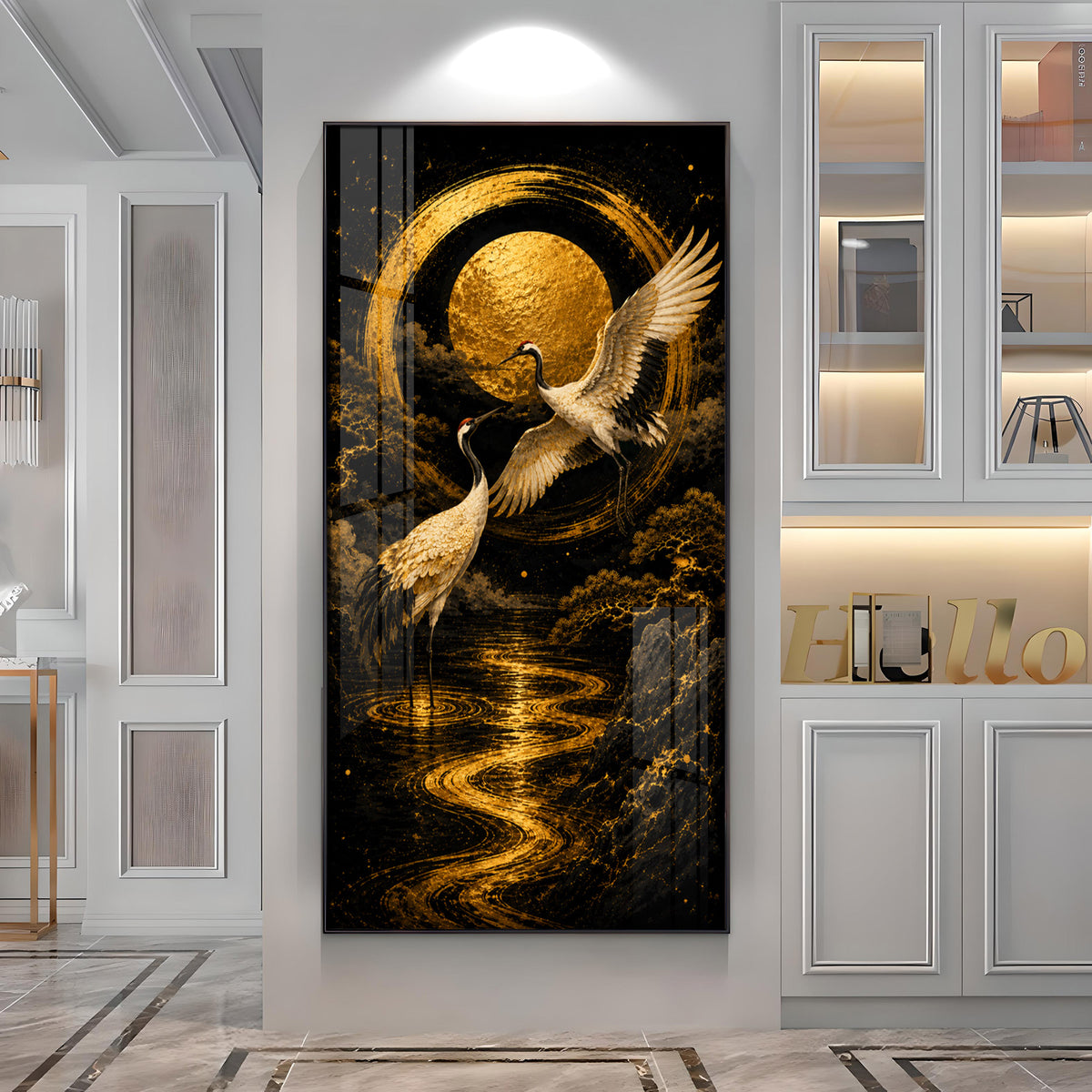 Golden Cranes & Moon Minimalist Zen Premium Acrylic Vertical Wall Art