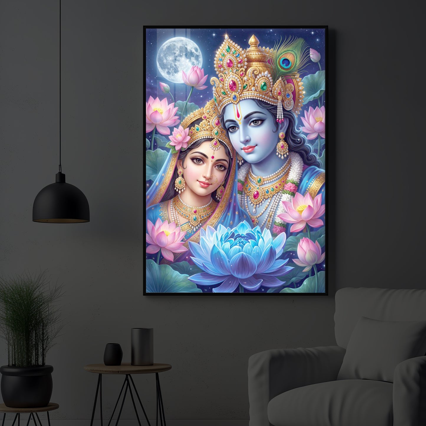 Radha Krishna Divine Togetherness Modern Luxury Backlight Vertical Wall Art