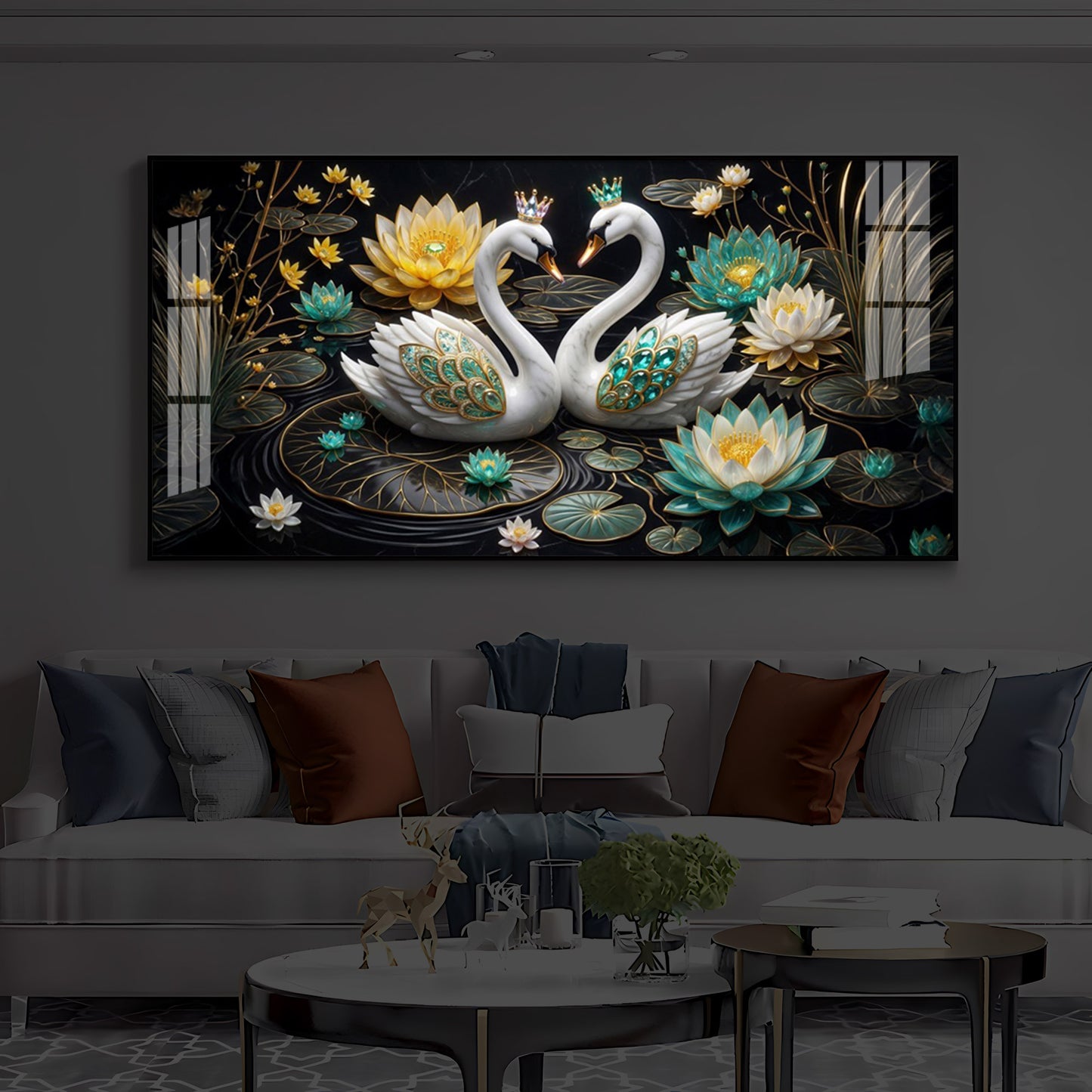 Pair Of White Swans Modern Luxury Backlight Horizontal Wall Art