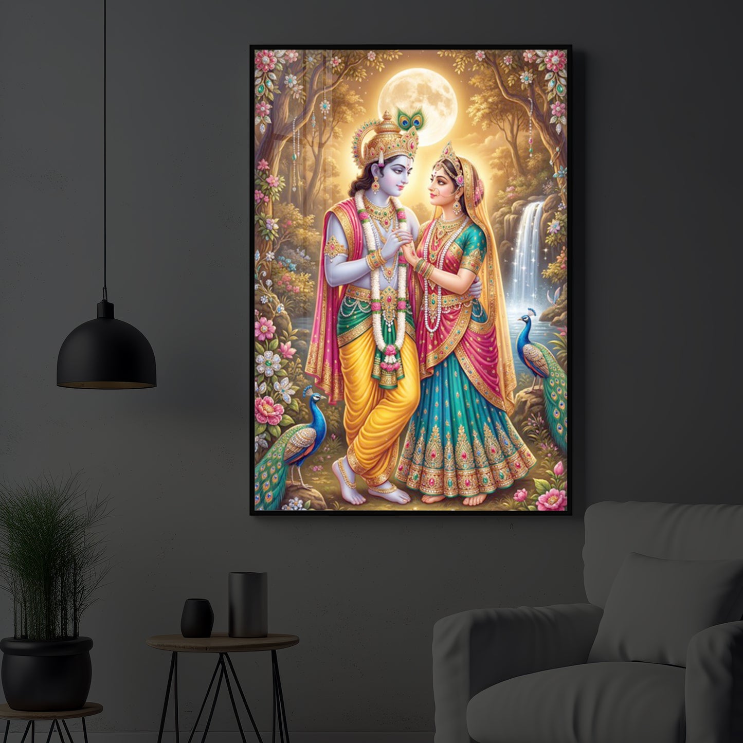 Radha Krishna in Vrindavan Garden Modern Luxury Backlight Vertical Wall Art