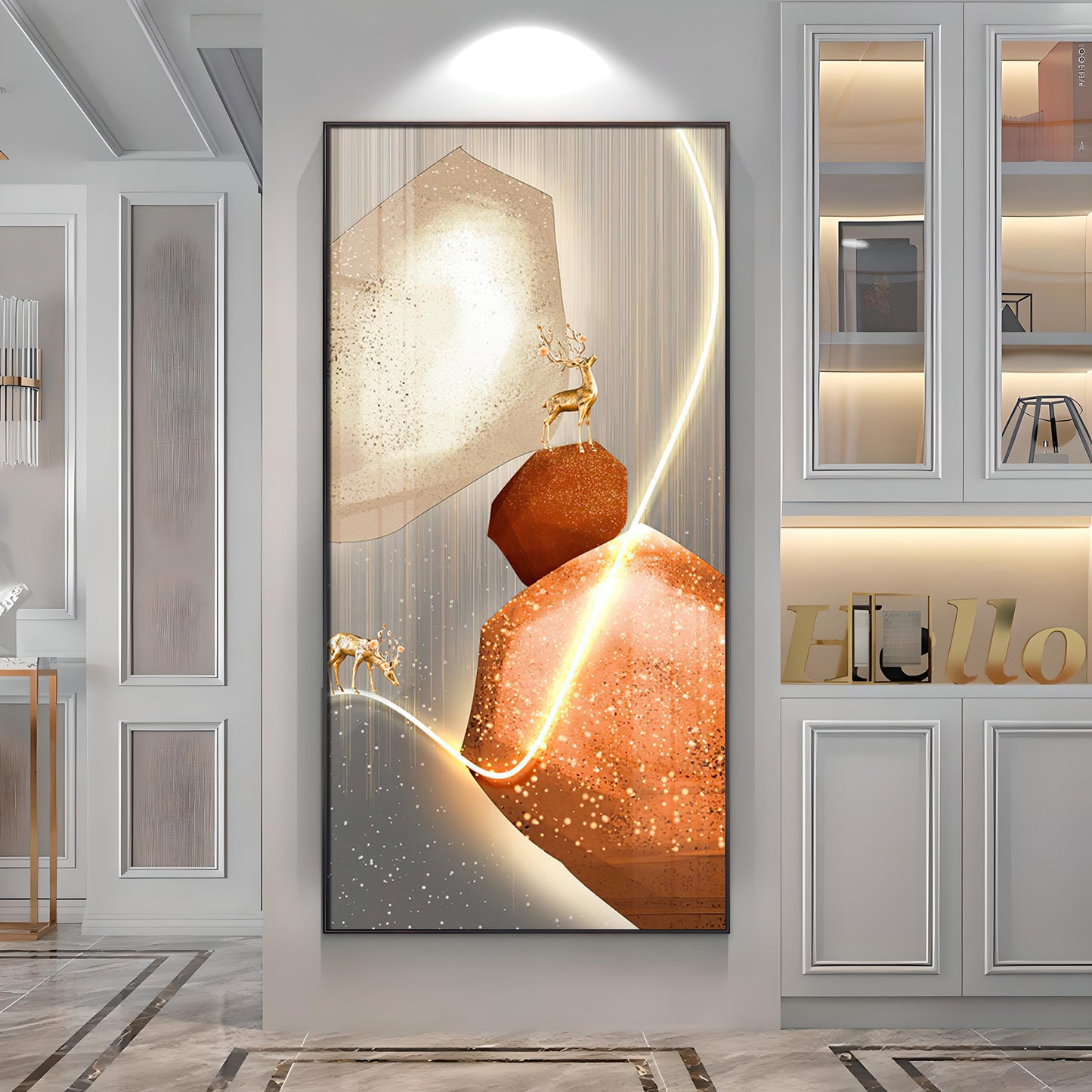 Golden Deer With Orange Rock Premium Acrylic Vertical Wall Art