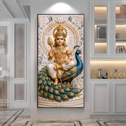 Holy Murugan With Peacock Premium Acrylic Vertical Wall Art