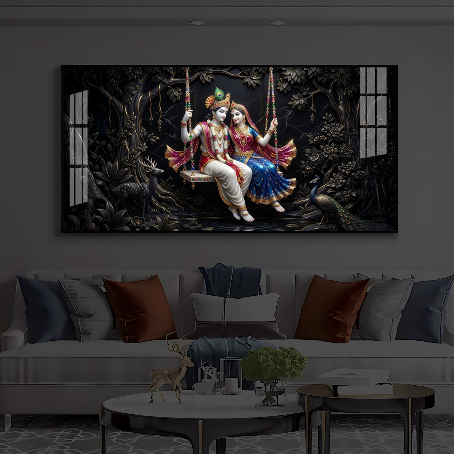 Radha Krishna Swing Modern Luxury Backlight Horizontal Wall Art