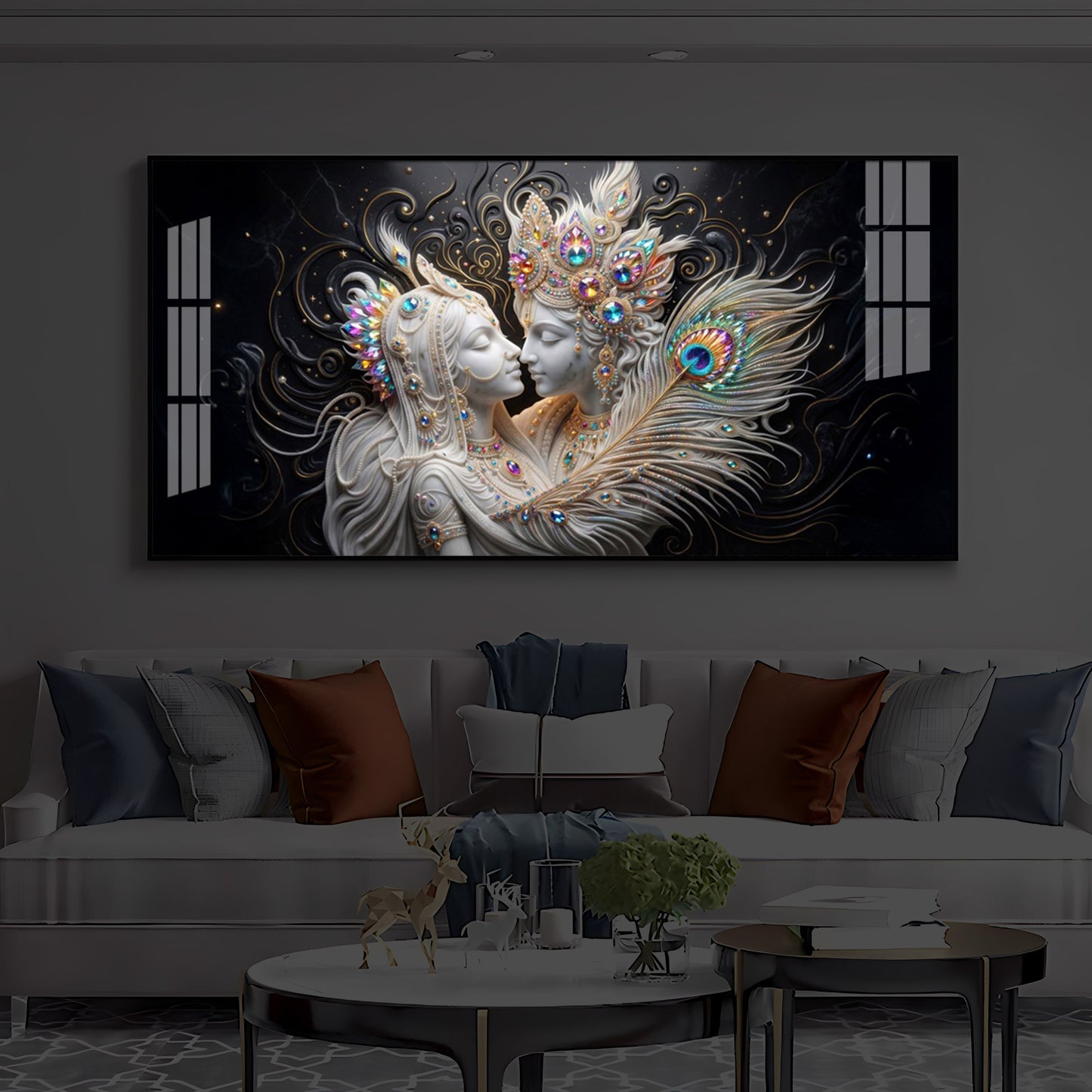 Depicts Radha Krishna Modern Luxury Backlight Horizontal Wall Art