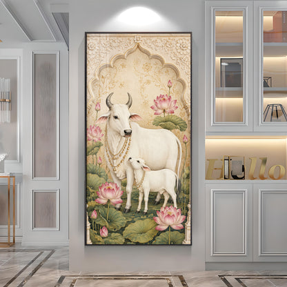Divine Kamdhenu Cow with Calf Traditional Lotus Premium Acrylic Vertical Wall Art