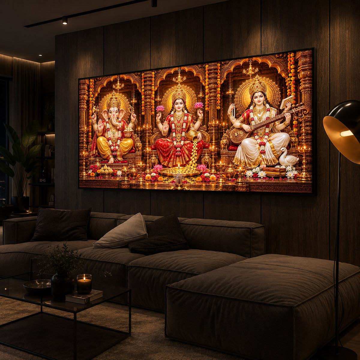 Maa Lakshmi, Lord Ganesha & Goddess Saraswati Modern Luxury Backlight Horizontal Wall Art
