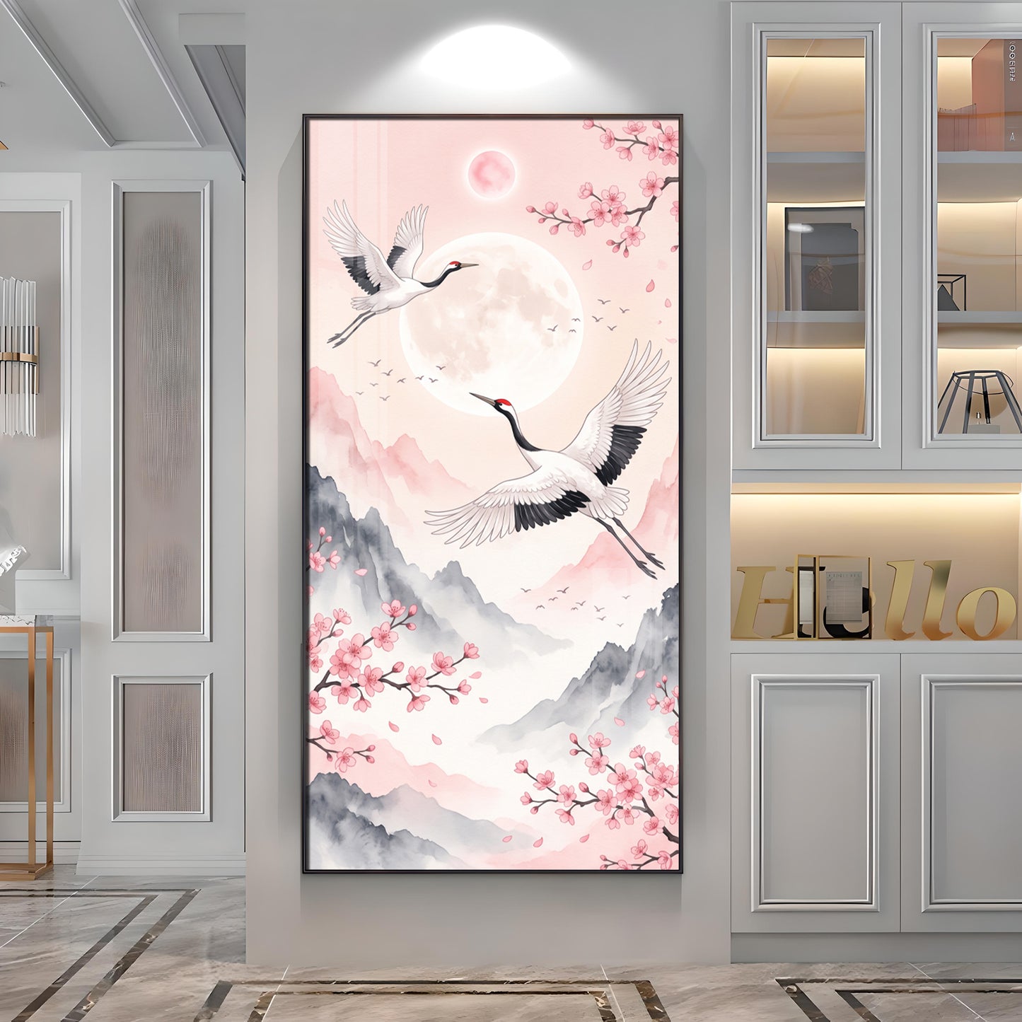 Flying Crane Birds & Cherry Blossom Premium Acrylic Vertical Wall Art