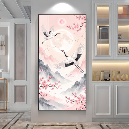 Flying Crane Birds & Cherry Blossom Premium Acrylic Vertical Wall Art