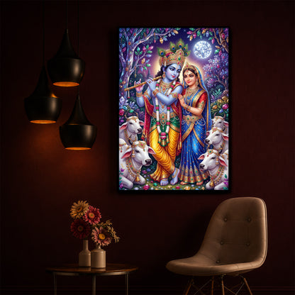 Lord Radha Krishna With Flute Modern Luxury Backlight Vertical Wall Art