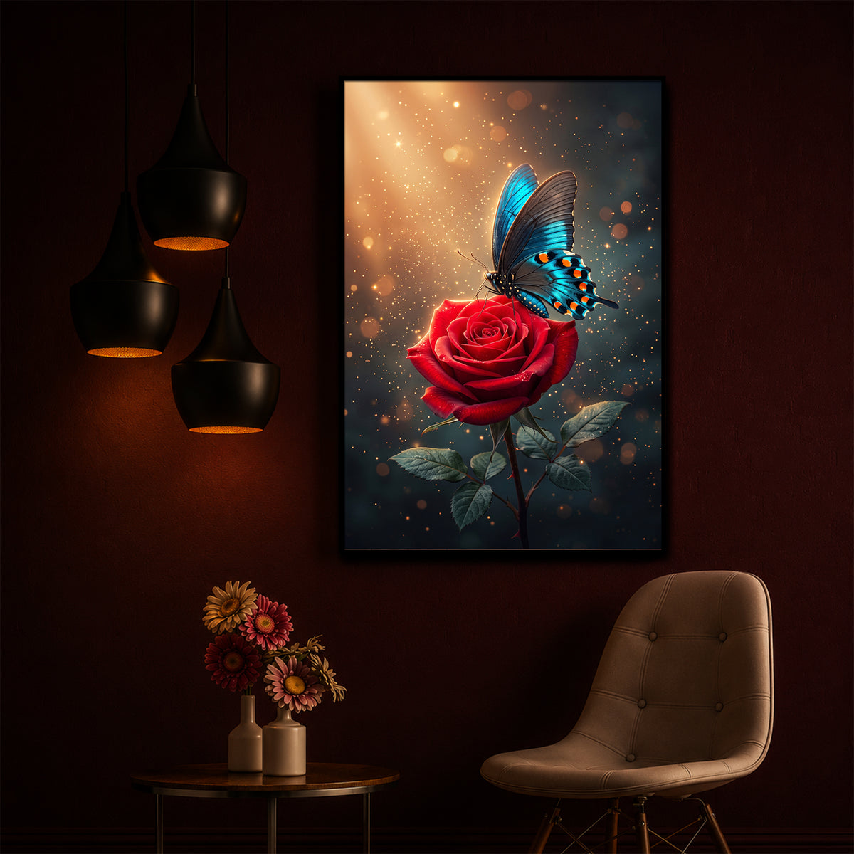 Enchanted Red Rose & Blue Butterfly Modern Luxury Backlight Vertical Wall Art