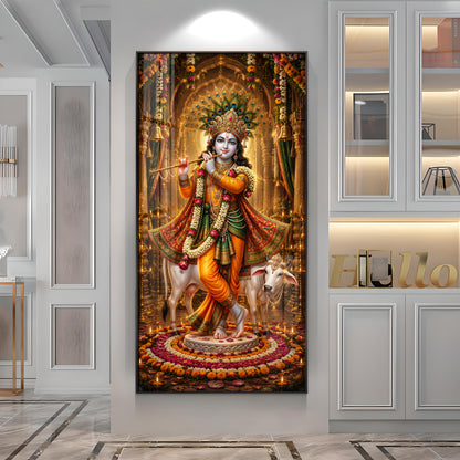 Divine Lord Krishna with Kamadhenu Cow Premium Acrylic Vertical Wall Art