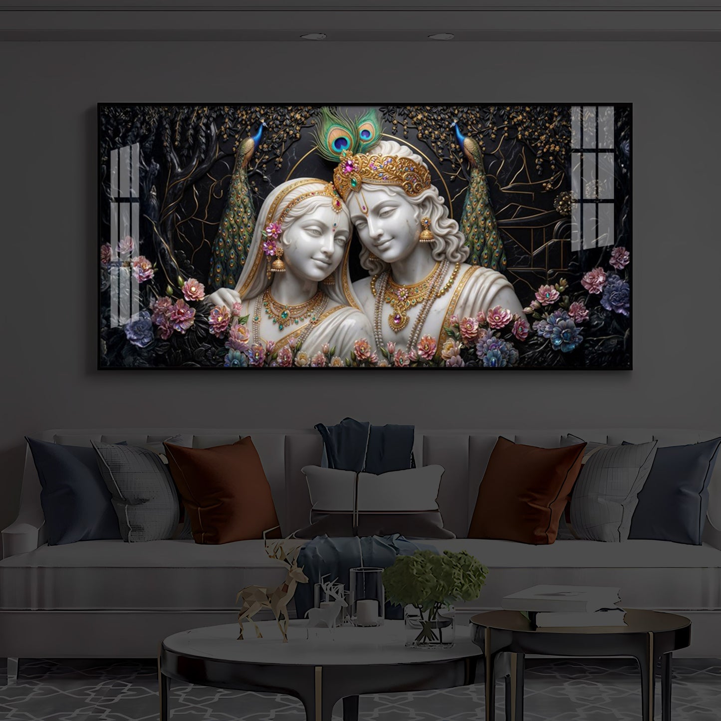 Beautiful Radha Krishna Modern Luxury Backlight Horizontal Wall Art