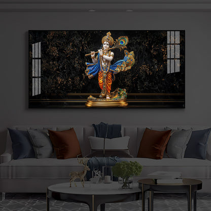 Lord Krishna With Flute Modern Luxury Backlight Horizontal Wall Art