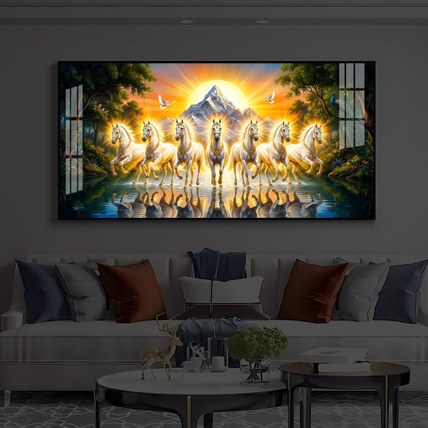 7 White Horses River Glloping Modern Luxury Backlight Horizontal Wall Art